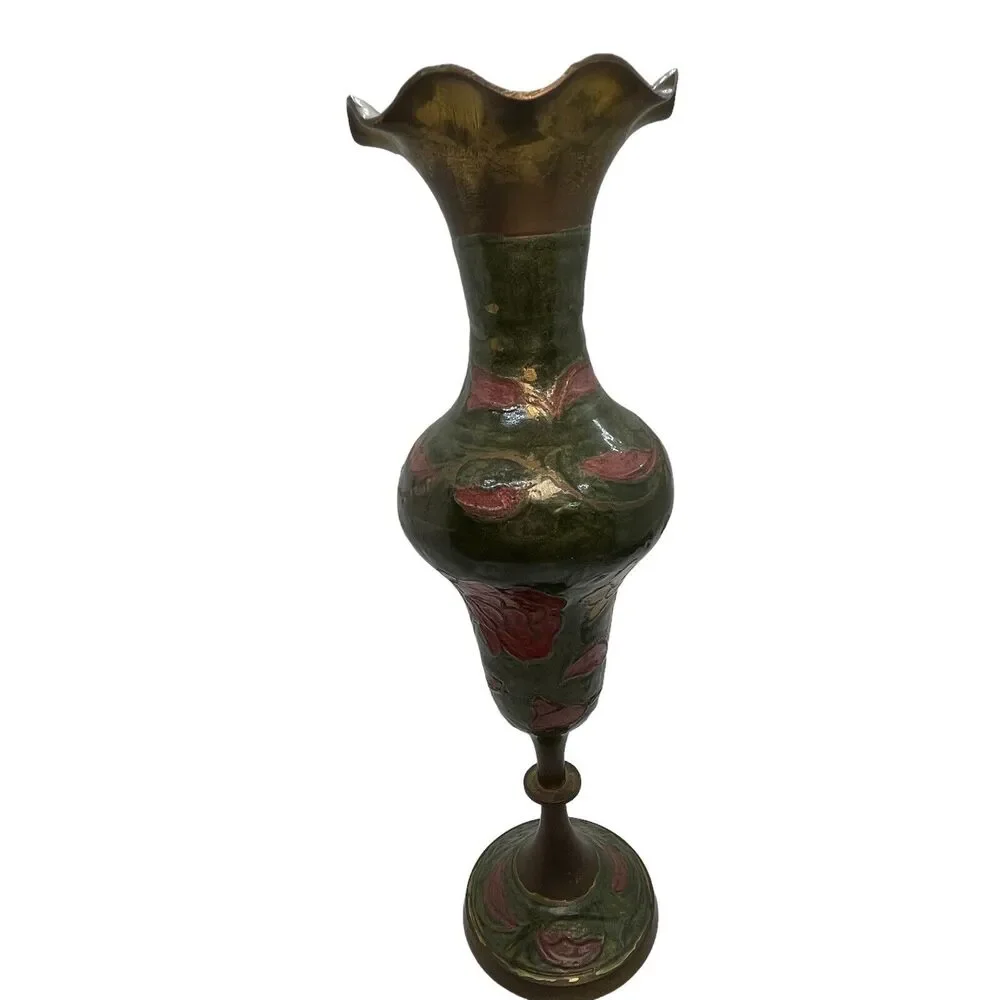 Brass Enamel Vase Footed Fluted Top Green Pink Cream Vintage MCM Retro Decor - Picture 4 of 16